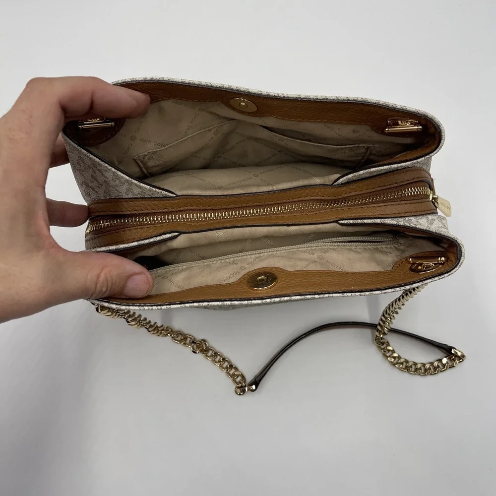 Michael Kors Jet Set Travel Beige Signature MK Logo Chain Shoulder‎ Tote Bag - Picture 10 of 16